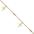 14k Diamond-cut 3 Cross Dangles and Beads 9 inch Plus 1 inch Extender - Total 10 inch Anklet - Sophia Jewelers