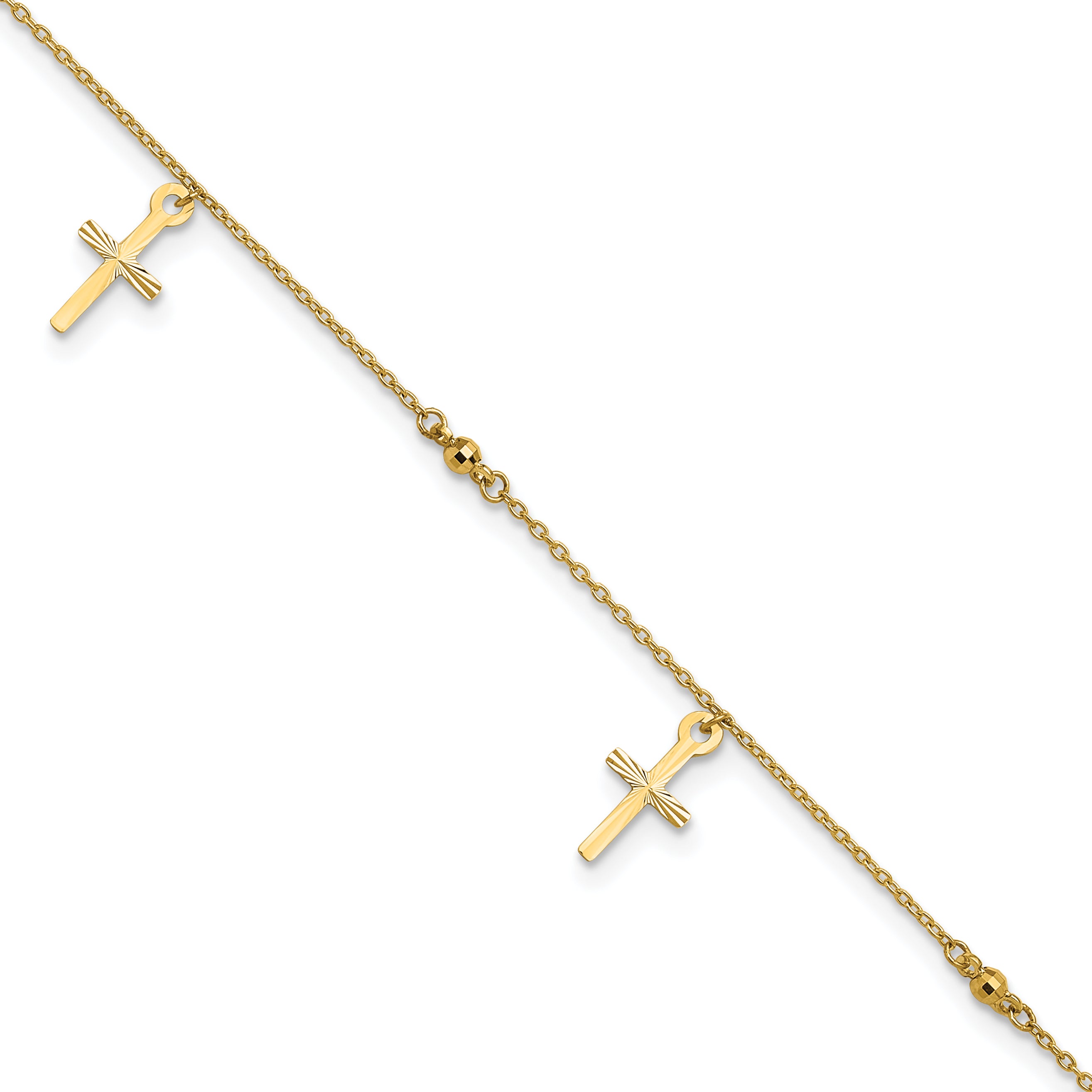 14k Diamond-cut 3 Cross Dangles and Beads 9 inch Plus 1 inch Extender - Total 10 inch Anklet - Sophia Jewelers