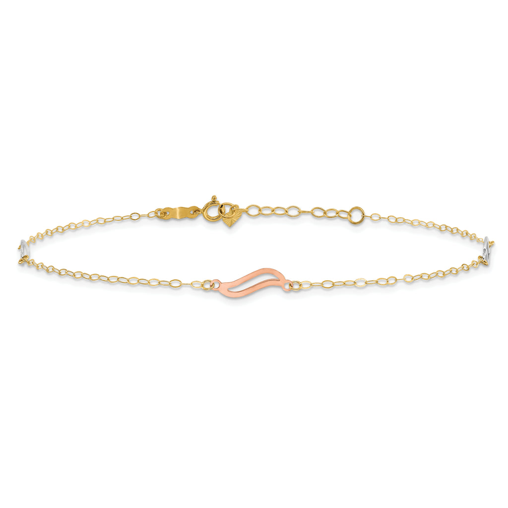 14K Tri-color Open Wavy Links 3-Station 9 inch Plus 1 inch Extender - Total 10 inch Anklet - Sophia Jewelers