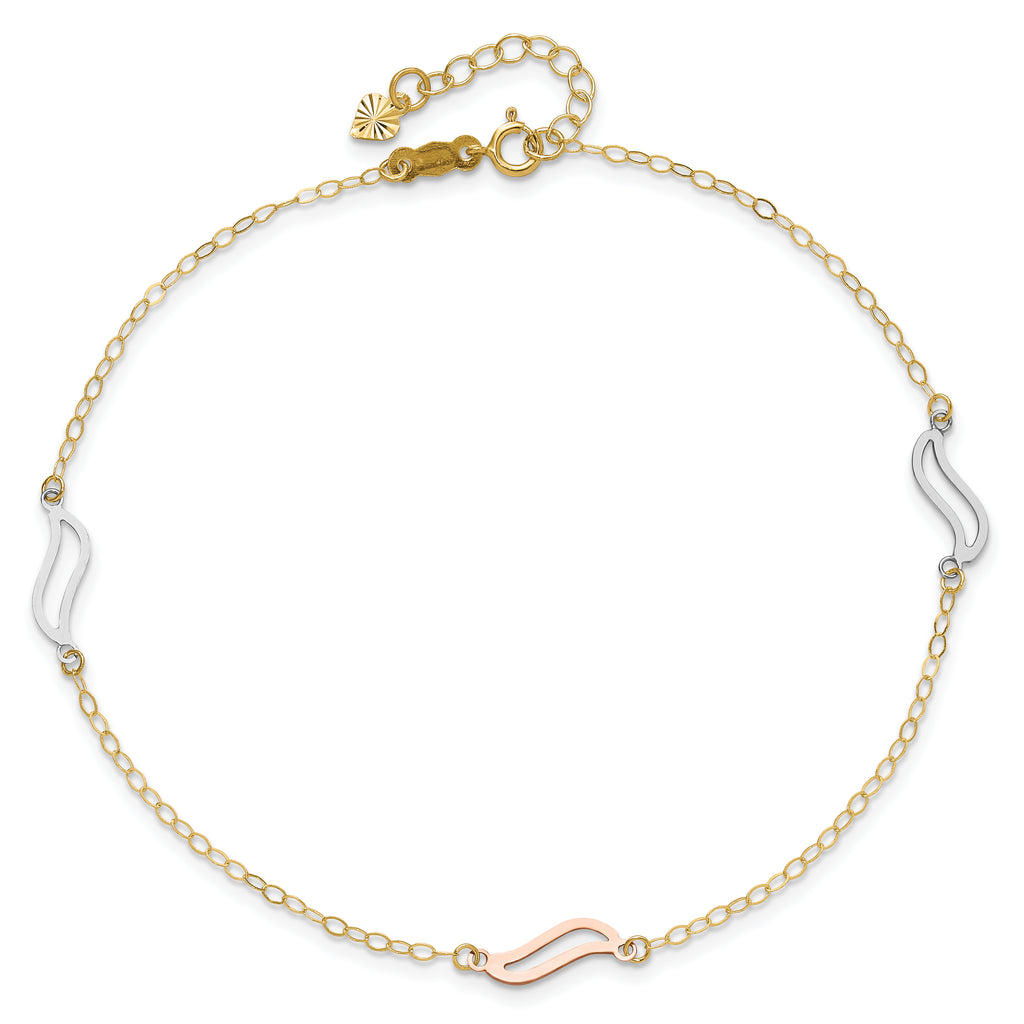 14K Tri-color Open Wavy Links 3-Station 9 inch Plus 1 inch Extender - Total 10 inch Anklet - Sophia Jewelers