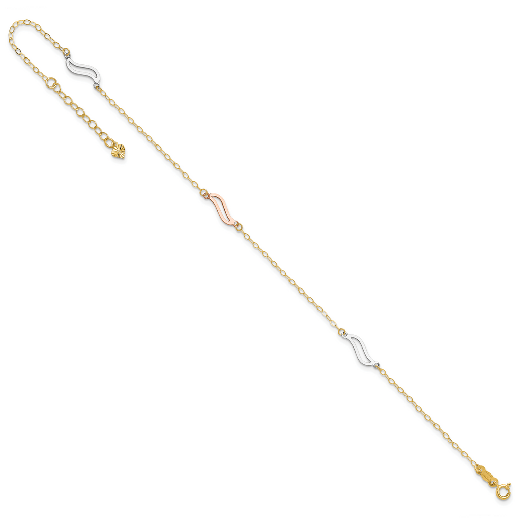 14K Tri-color Open Wavy Links 3-Station 9 inch Plus 1 inch Extender - Total 10 inch Anklet - Sophia Jewelers