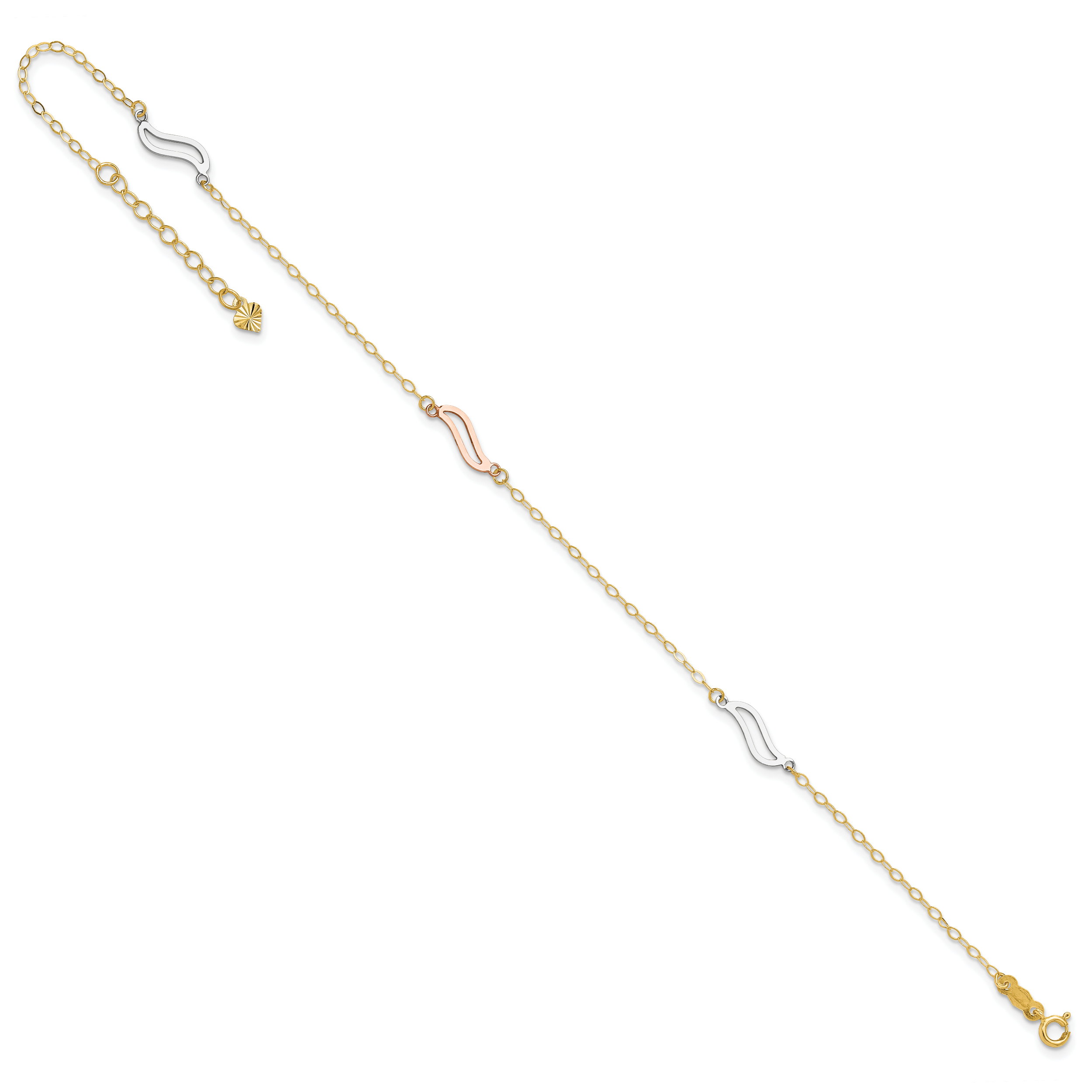 14K Tri-color Open Wavy Links 3-Station 9 inch Plus 1 inch Extender - Total 10 inch Anklet - Sophia Jewelers