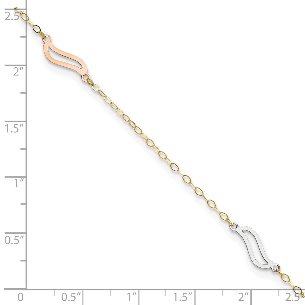 14K Tri-color Open Wavy Links 3-Station 9 inch Plus 1 inch Extender - Total 10 inch Anklet - Sophia Jewelers