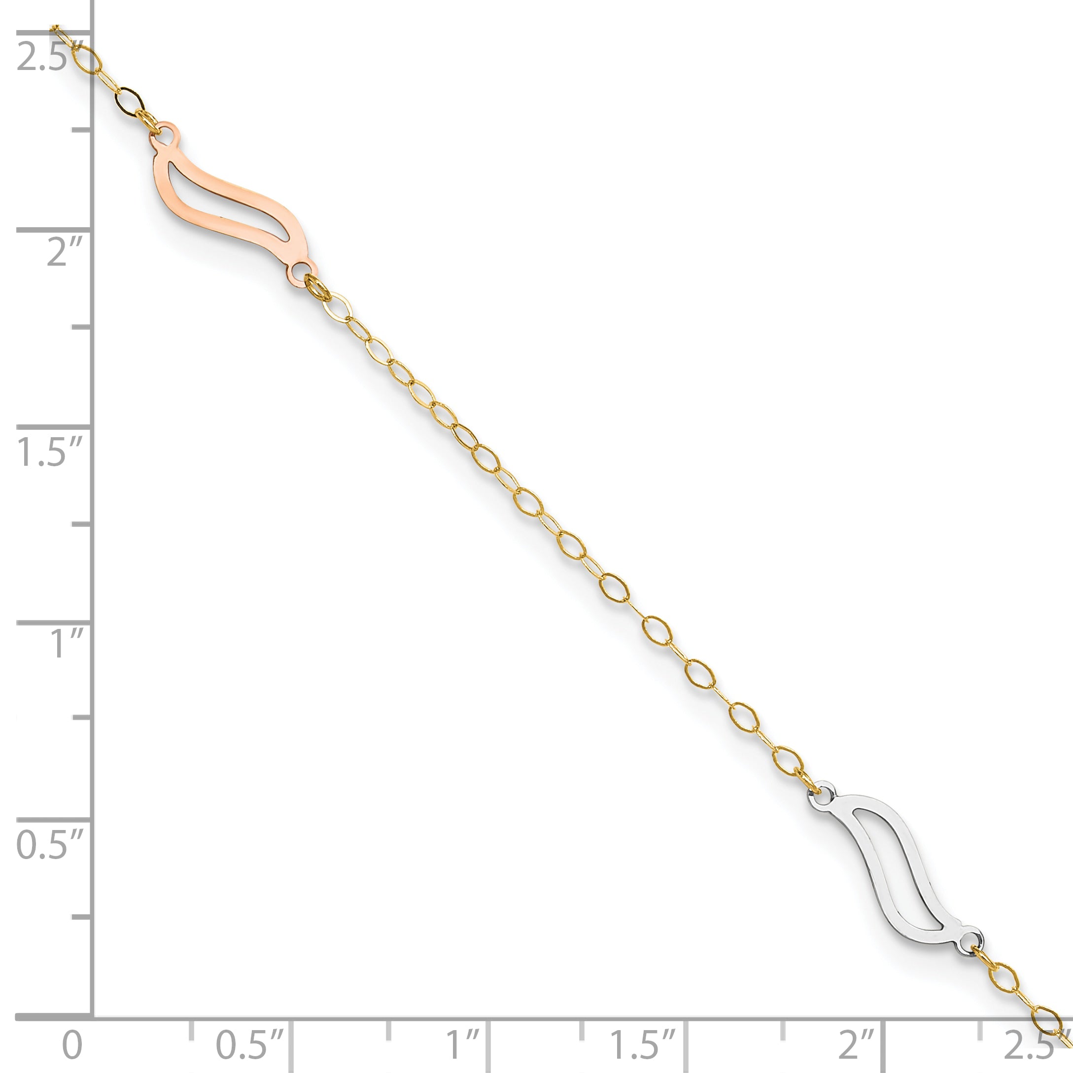 14K Tri-color Open Wavy Links 3-Station 9 inch Plus 1 inch Extender - Total 10 inch Anklet - Sophia Jewelers