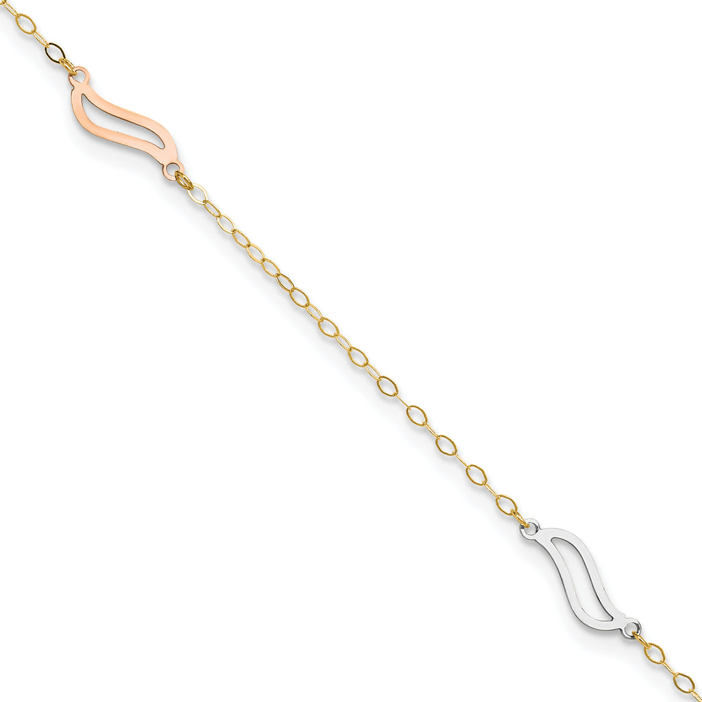 14K Tri-color Open Wavy Links 3-Station 9 inch Plus 1 inch Extender - Total 10 inch Anklet - Sophia Jewelers