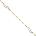 14K Tri-color Open Wavy Links 3-Station 9 inch Plus 1 inch Extender - Total 10 inch Anklet - Sophia Jewelers