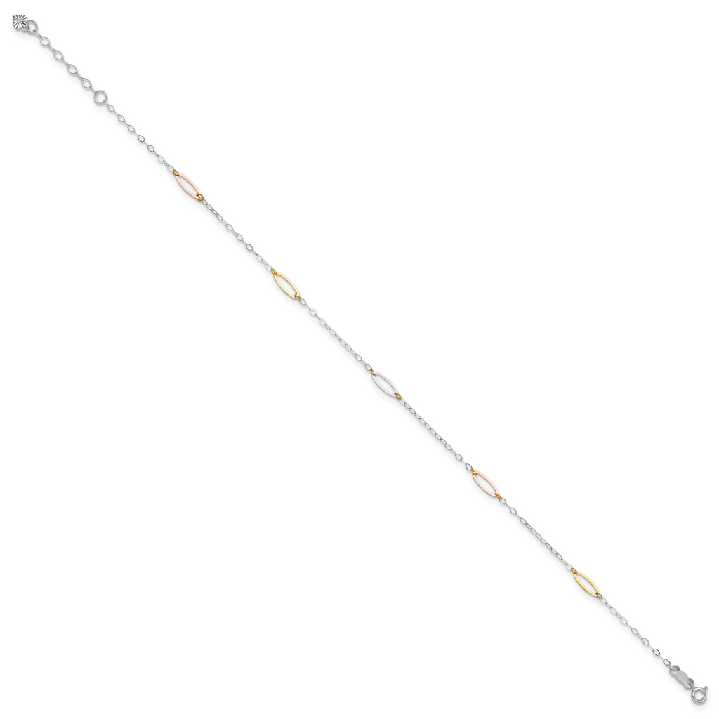 14K Tri-color Oval Link 5-Station 9 inch Plus 1 inch Extender - Total 10 inch Anklet - Sophia Jewelers