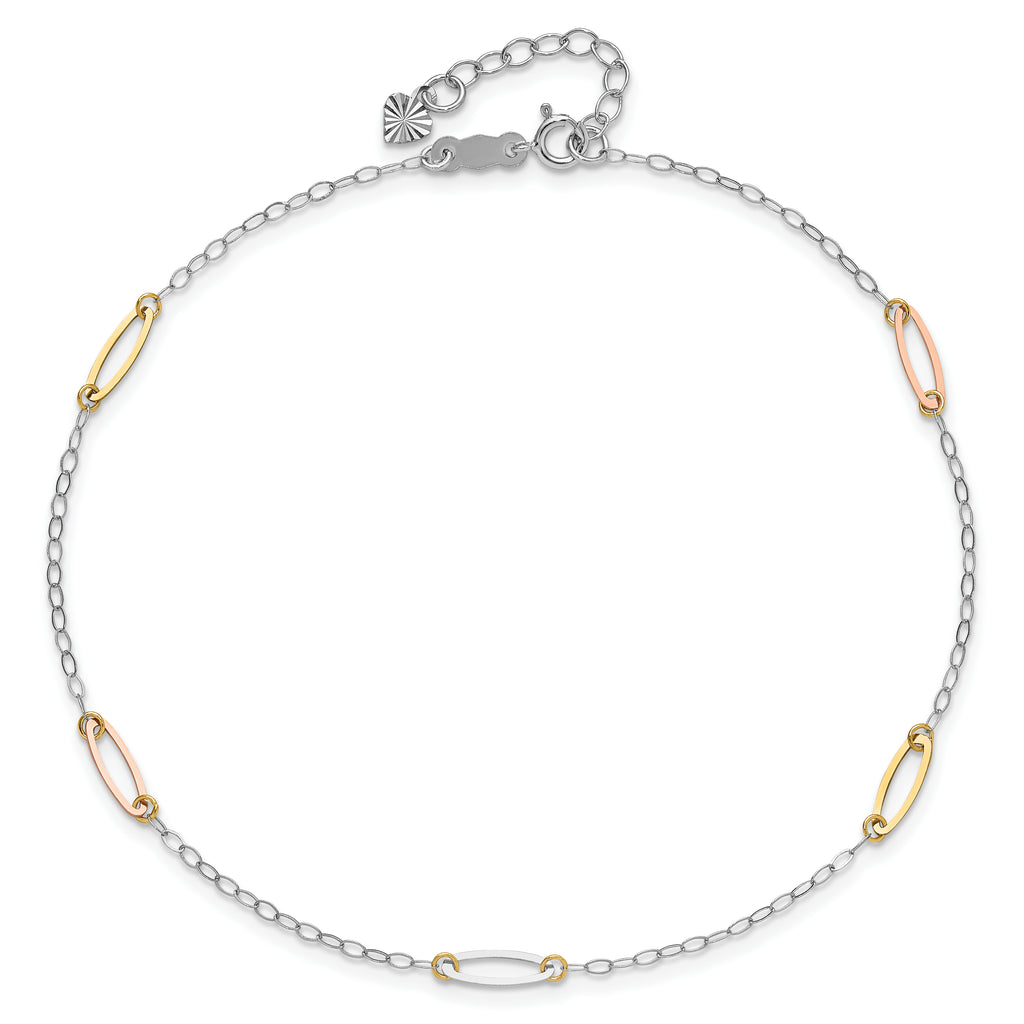 14K Tri-color Oval Link 5-Station 9 inch Plus 1 inch Extender - Total 10 inch Anklet - Sophia Jewelers