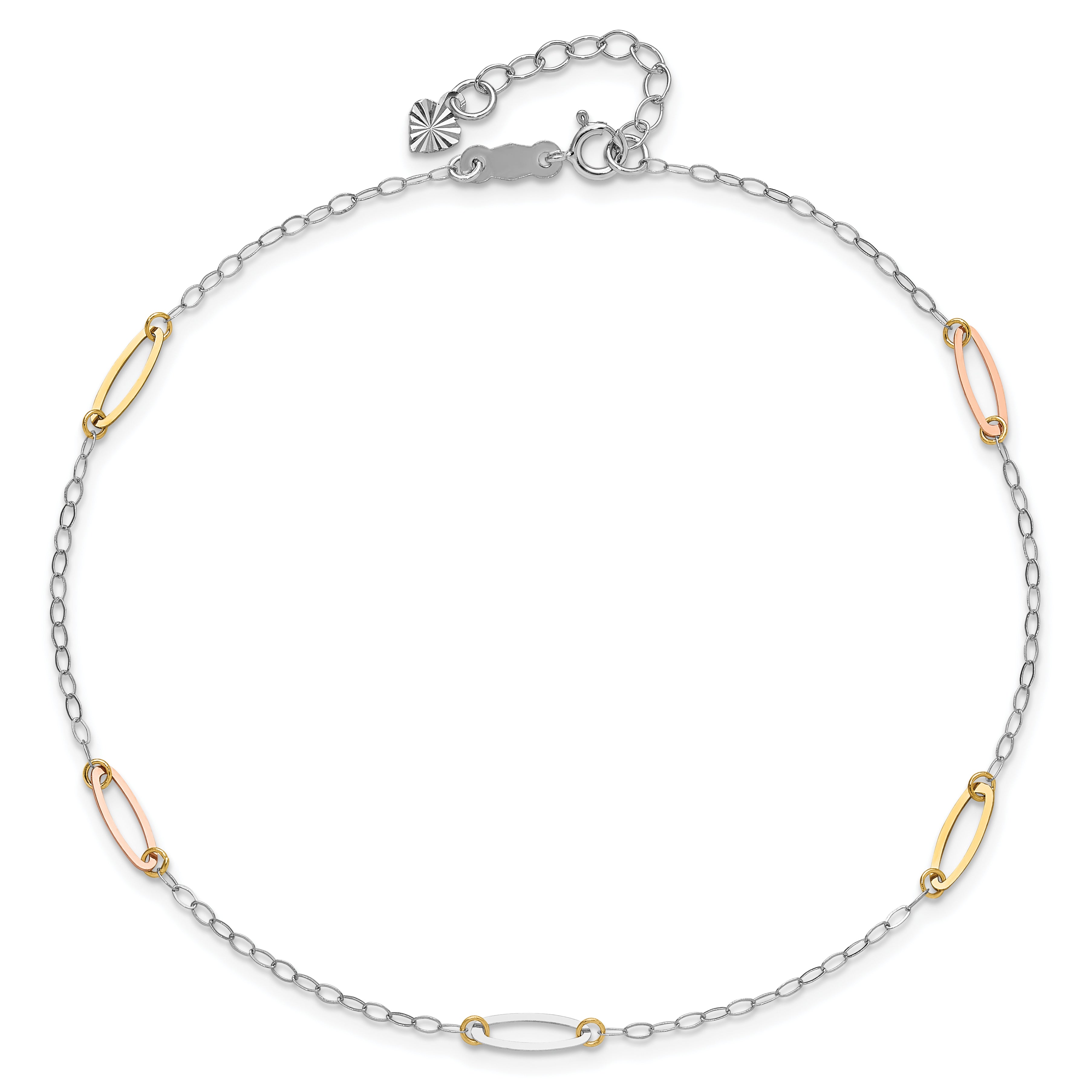 14K Tri-color Oval Link 5-Station 9 inch Plus 1 inch Extender - Total 10 inch Anklet - Sophia Jewelers