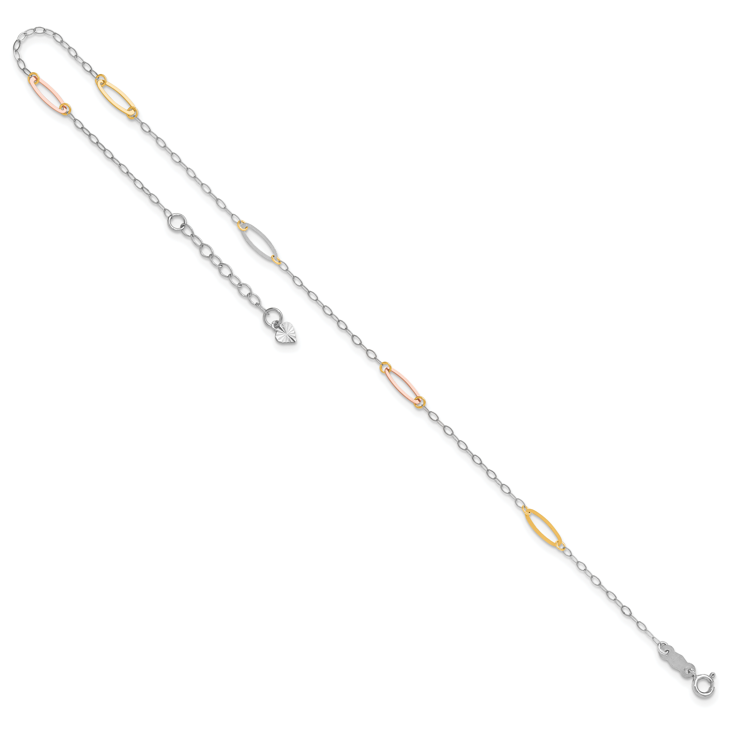 14K Tri-color Oval Link 5-Station 9 inch Plus 1 inch Extender - Total 10 inch Anklet - Sophia Jewelers