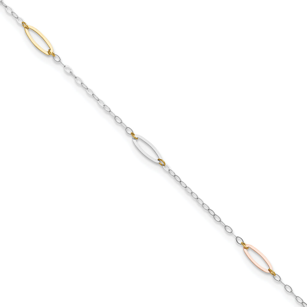 14K Tri-color Oval Link 5-Station 9 inch Plus 1 inch Extender - Total 10 inch Anklet - Sophia Jewelers