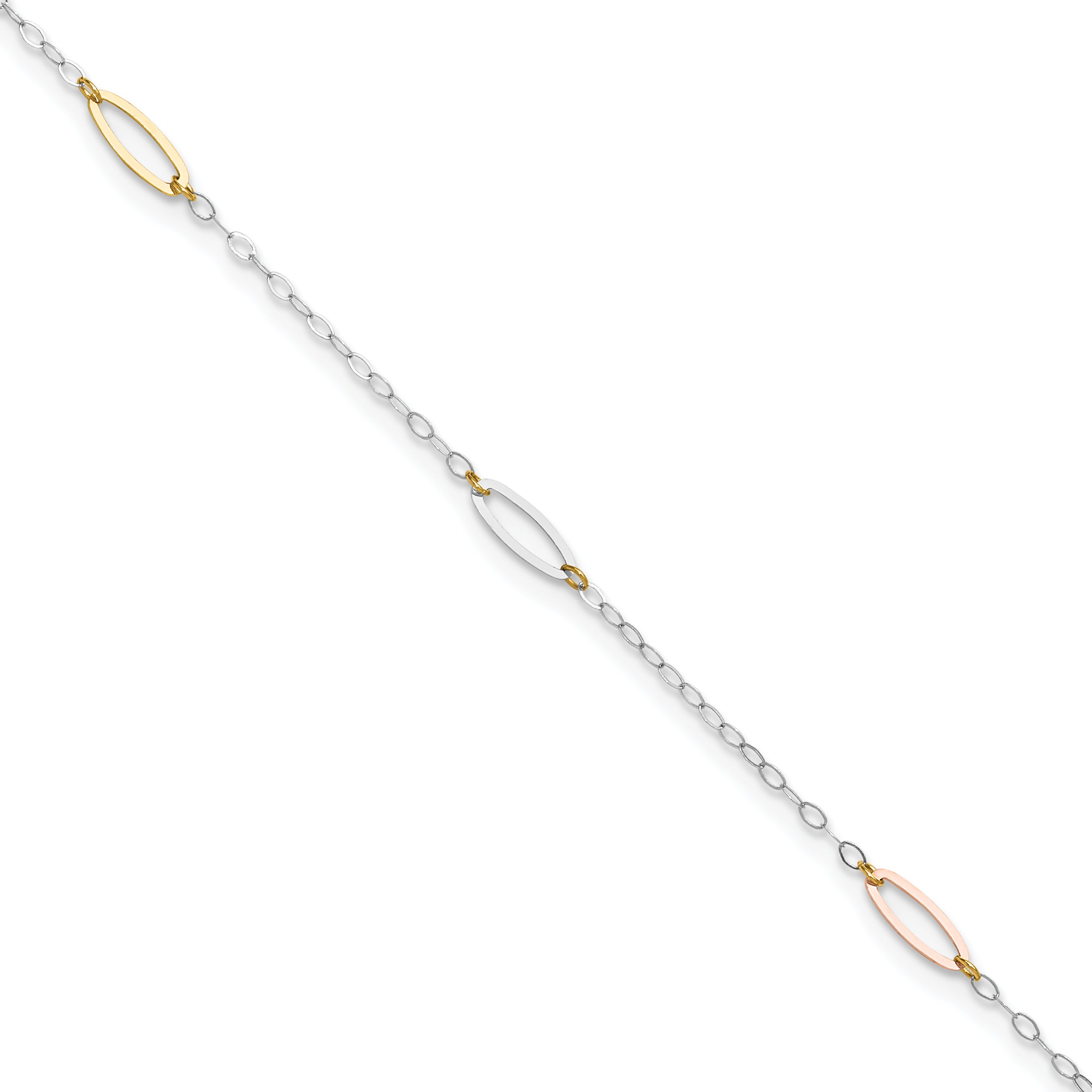 14K Tri-color Oval Link 5-Station 9 inch Plus 1 inch Extender - Total 10 inch Anklet - Sophia Jewelers