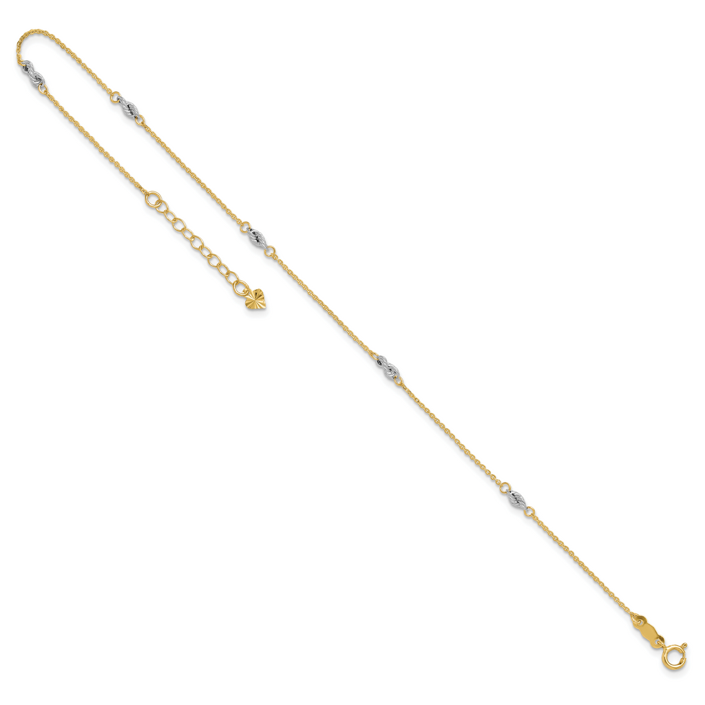 14K Two-tone Fancy Twist 5-Station 9 inch Plus 1 inch Extender - Total 10 inch Anklet - Sophia Jewelers