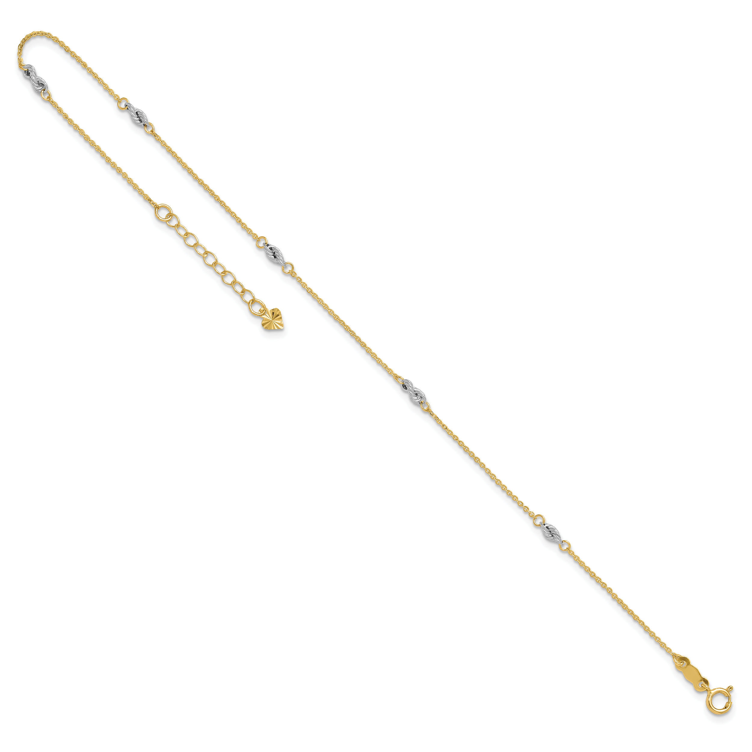 14K Two-tone Fancy Twist 5-Station 9 inch Plus 1 inch Extender - Total 10 inch Anklet - Sophia Jewelers