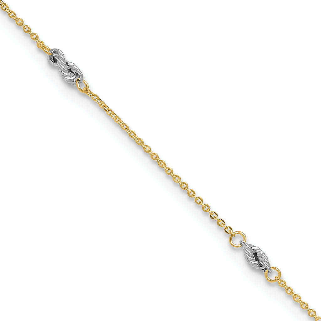 14K Two-tone Fancy Twist 5-Station 9 inch Plus 1 inch Extender - Total 10 inch Anklet - Sophia Jewelers
