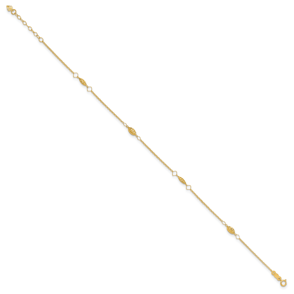 14K Diamond-cut Rice Puff Beads 4-Station 9 inch Plus 1 inch Extender - Total 10 inch Anklet - Sophia Jewelers