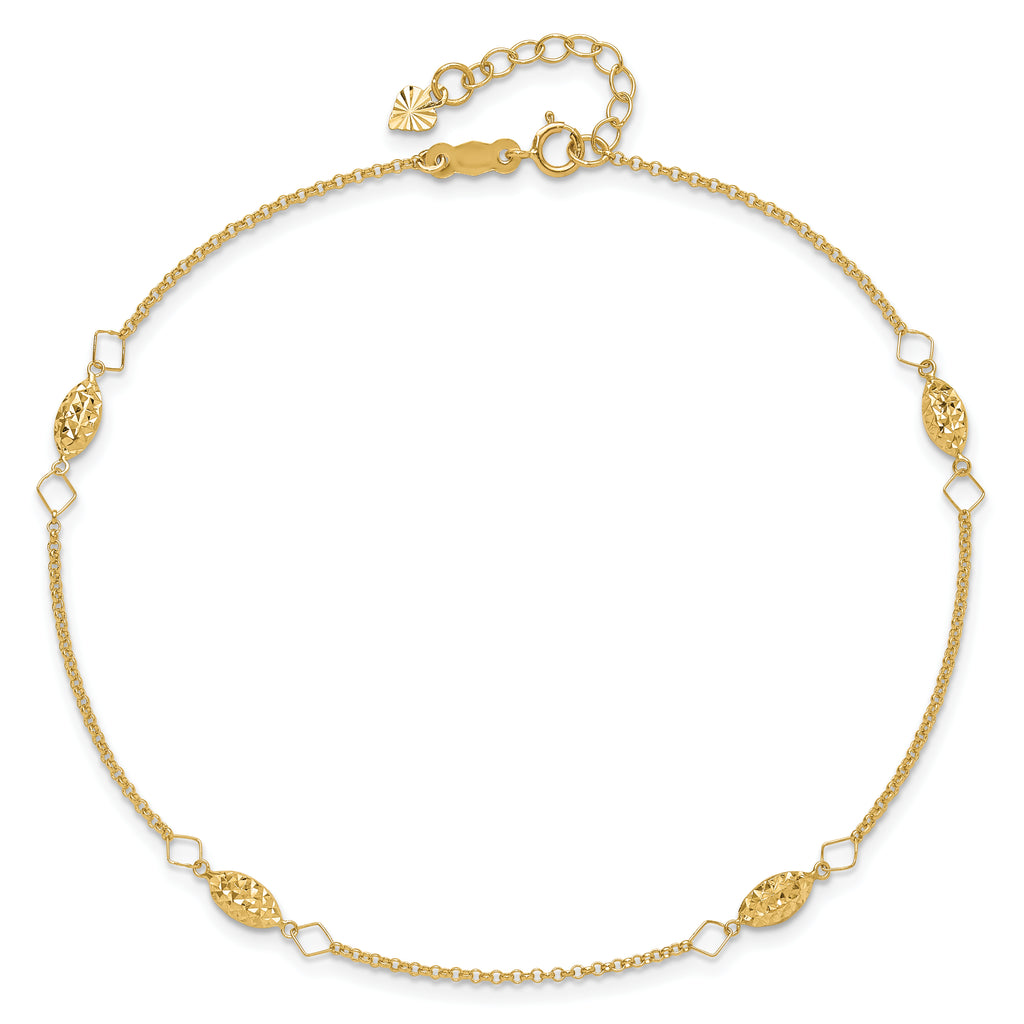 14K Diamond-cut Rice Puff Beads 4-Station 9 inch Plus 1 inch Extender - Total 10 inch Anklet - Sophia Jewelers
