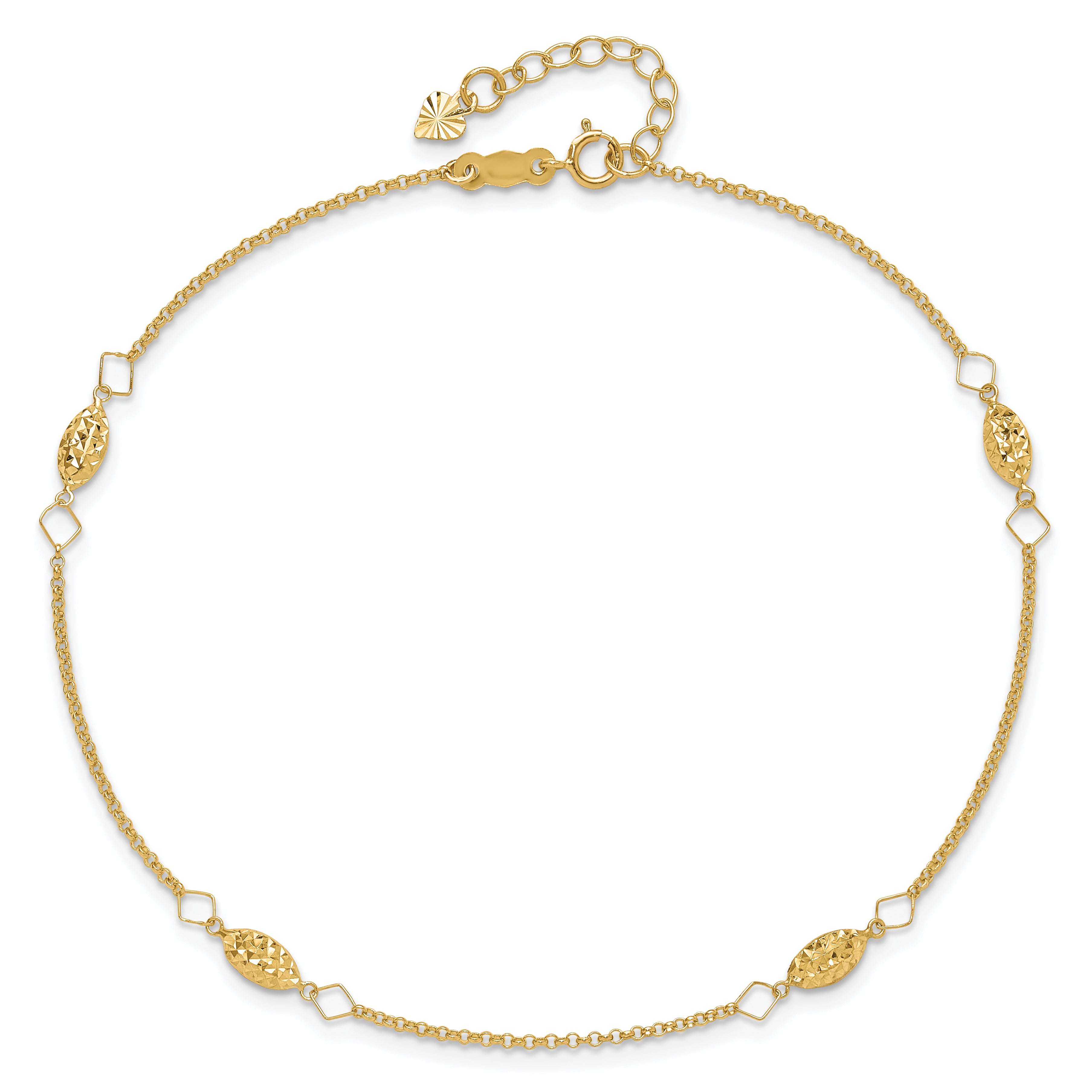 14K Diamond-cut Rice Puff Beads 4-Station 9 inch Plus 1 inch Extender - Total 10 inch Anklet - Sophia Jewelers
