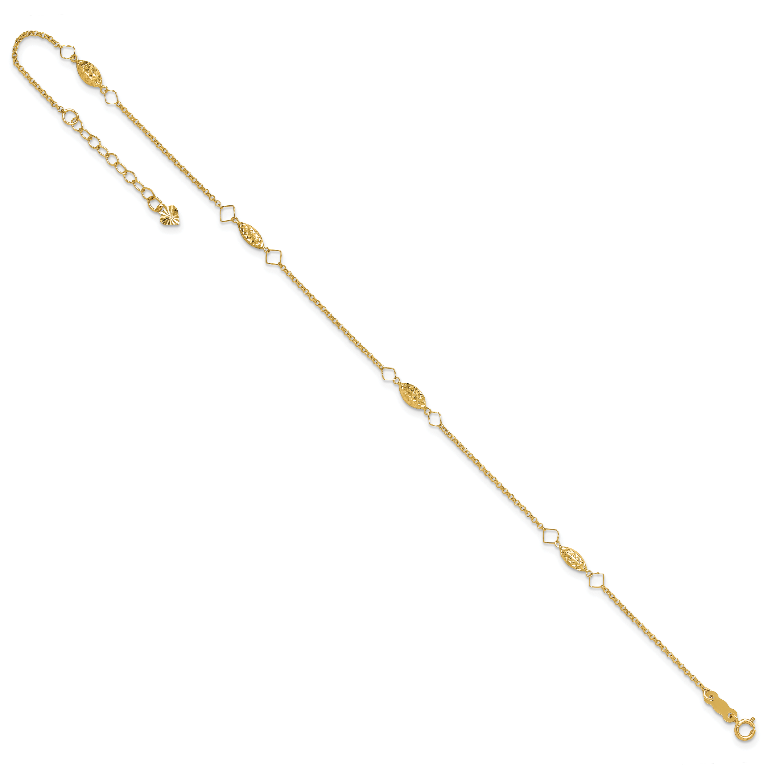 14K Diamond-cut Rice Puff Beads 4-Station 9 inch Plus 1 inch Extender - Total 10 inch Anklet - Sophia Jewelers