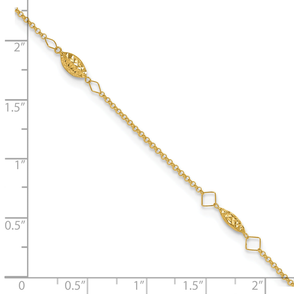 14K Diamond-cut Rice Puff Beads 4-Station 9 inch Plus 1 inch Extender - Total 10 inch Anklet - Sophia Jewelers