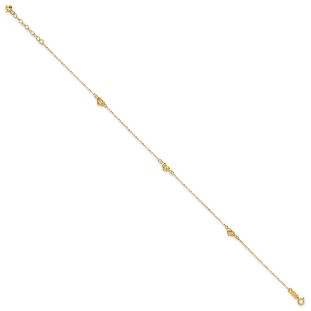 14k Polished Diamond-cut Triple Puffed Hearts 10 inch Plus 1 inch Extender - Total 11 inch Anklet - Sophia Jewelers