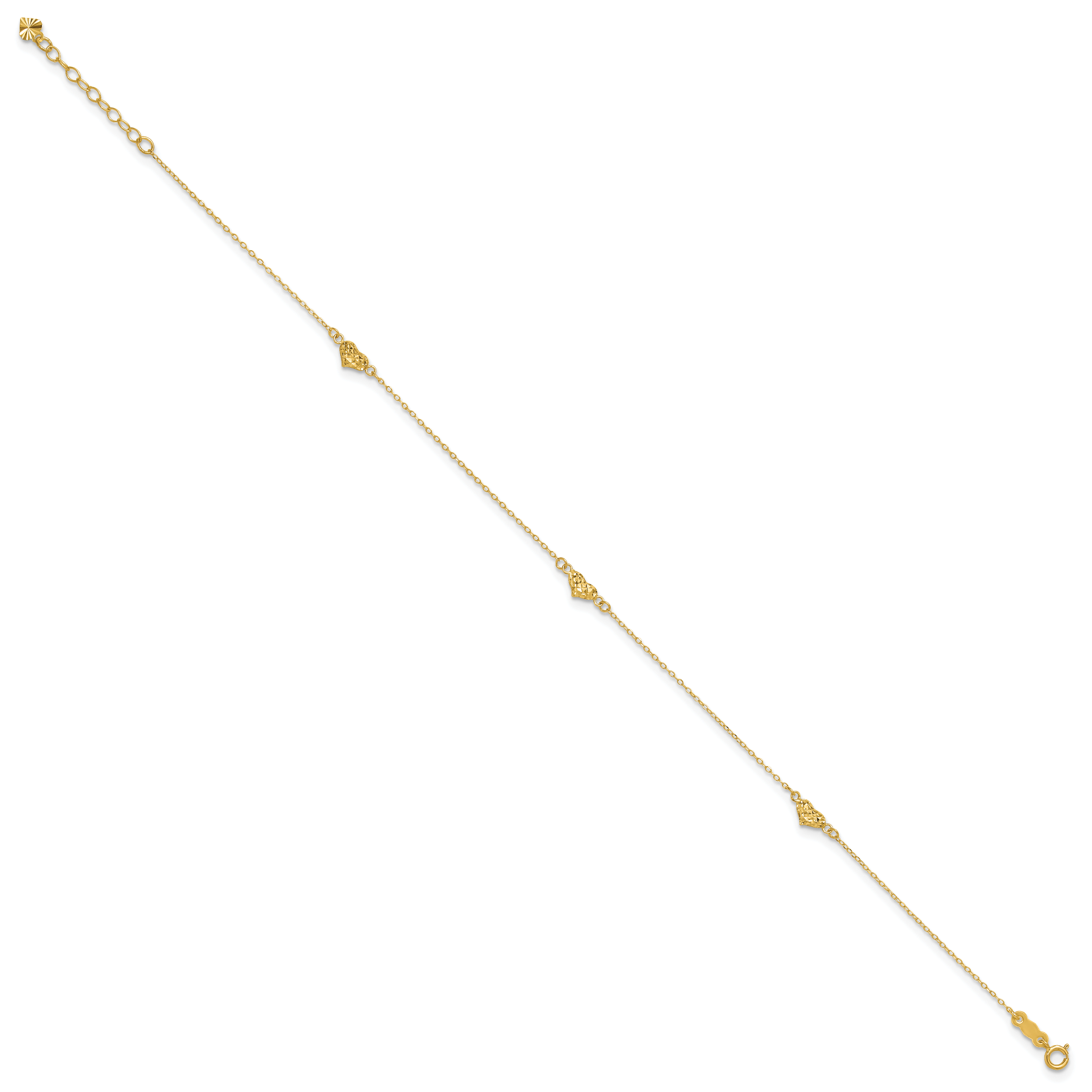 14k Polished Diamond-cut Triple Puffed Hearts 10 inch Plus 1 inch Extender - Total 11 inch Anklet - Sophia Jewelers