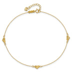 14k Polished Diamond-cut Triple Puffed Hearts 10 inch Plus 1 inch Extender - Total 11 inch Anklet - Sophia Jewelers