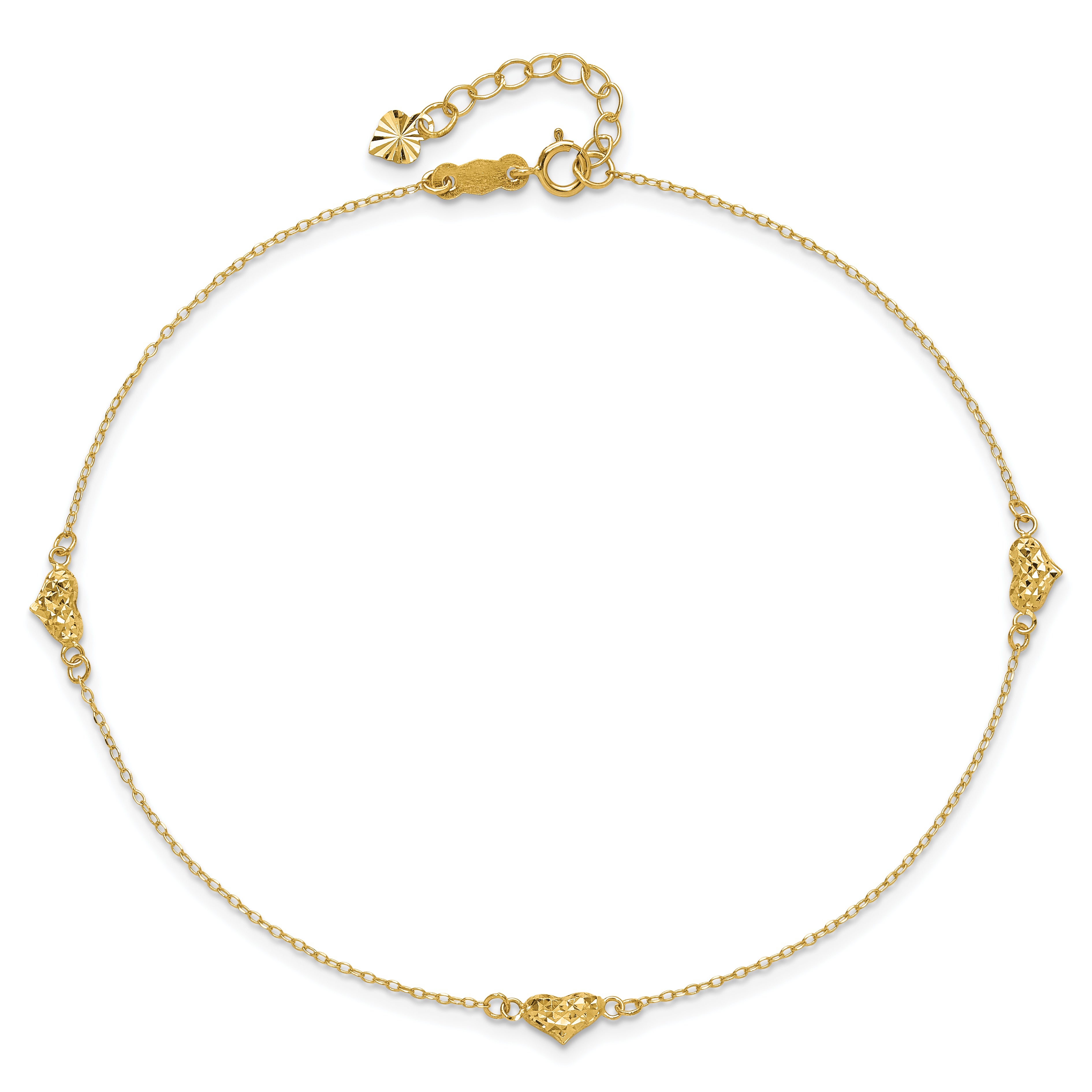 14k Polished Diamond-cut Triple Puffed Hearts 10 inch Plus 1 inch Extender - Total 11 inch Anklet - Sophia Jewelers