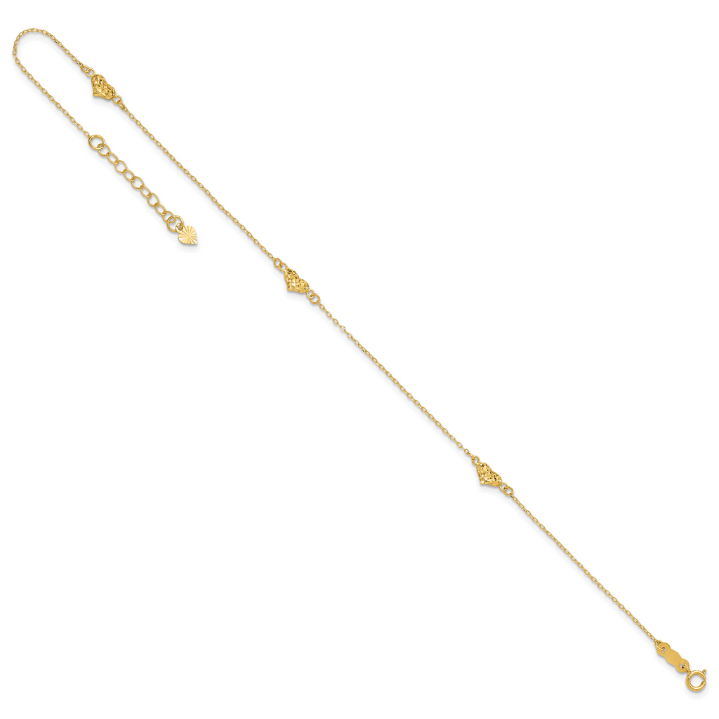 14k Polished Diamond-cut Triple Puffed Hearts 10 inch Plus 1 inch Extender - Total 11 inch Anklet - Sophia Jewelers