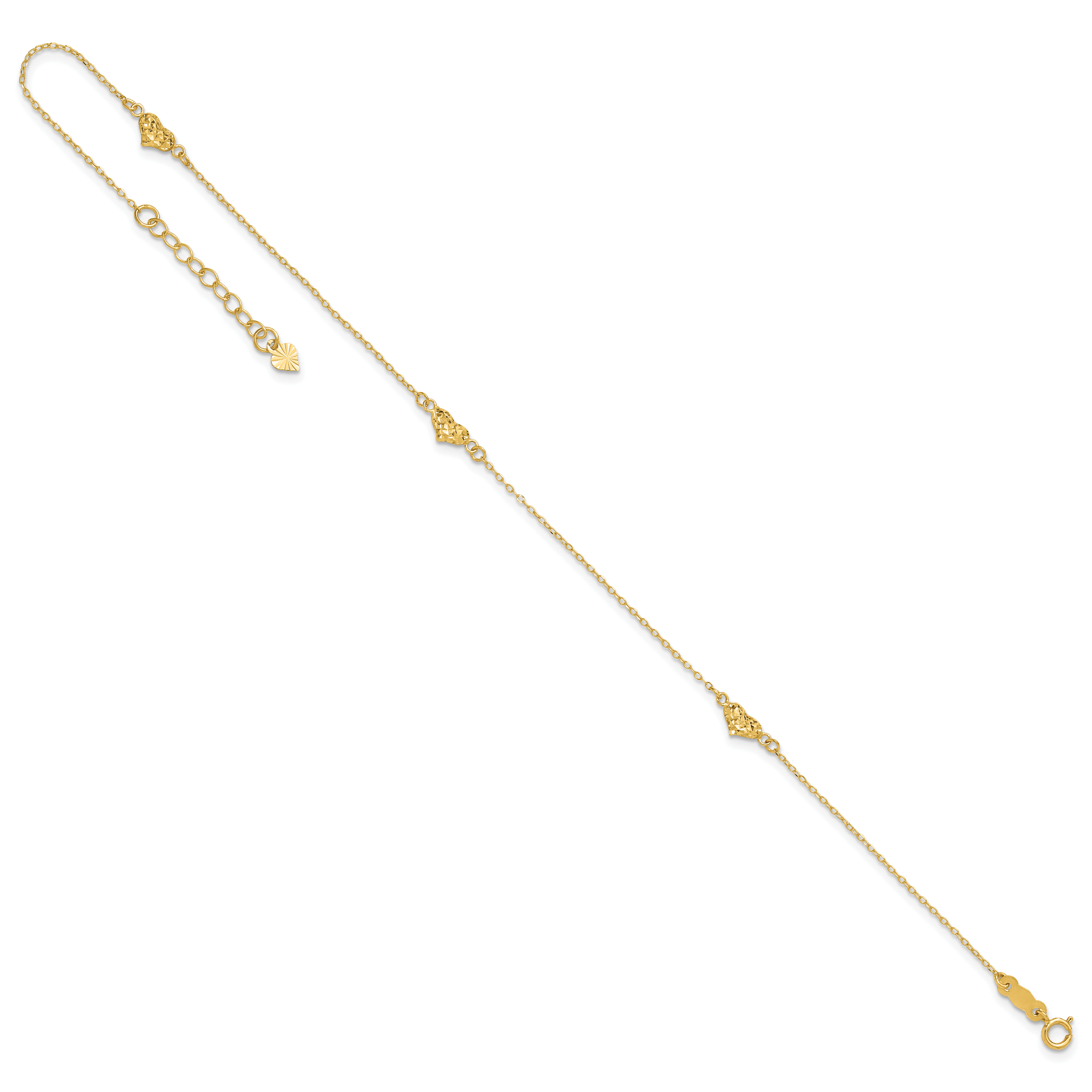 14k Polished Diamond-cut Triple Puffed Hearts 10 inch Plus 1 inch Extender - Total 11 inch Anklet - Sophia Jewelers