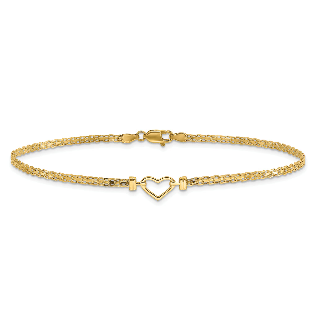 14k Polished Open Heart and Bismark Chain 9 inch Anklet - Sophia Jewelers