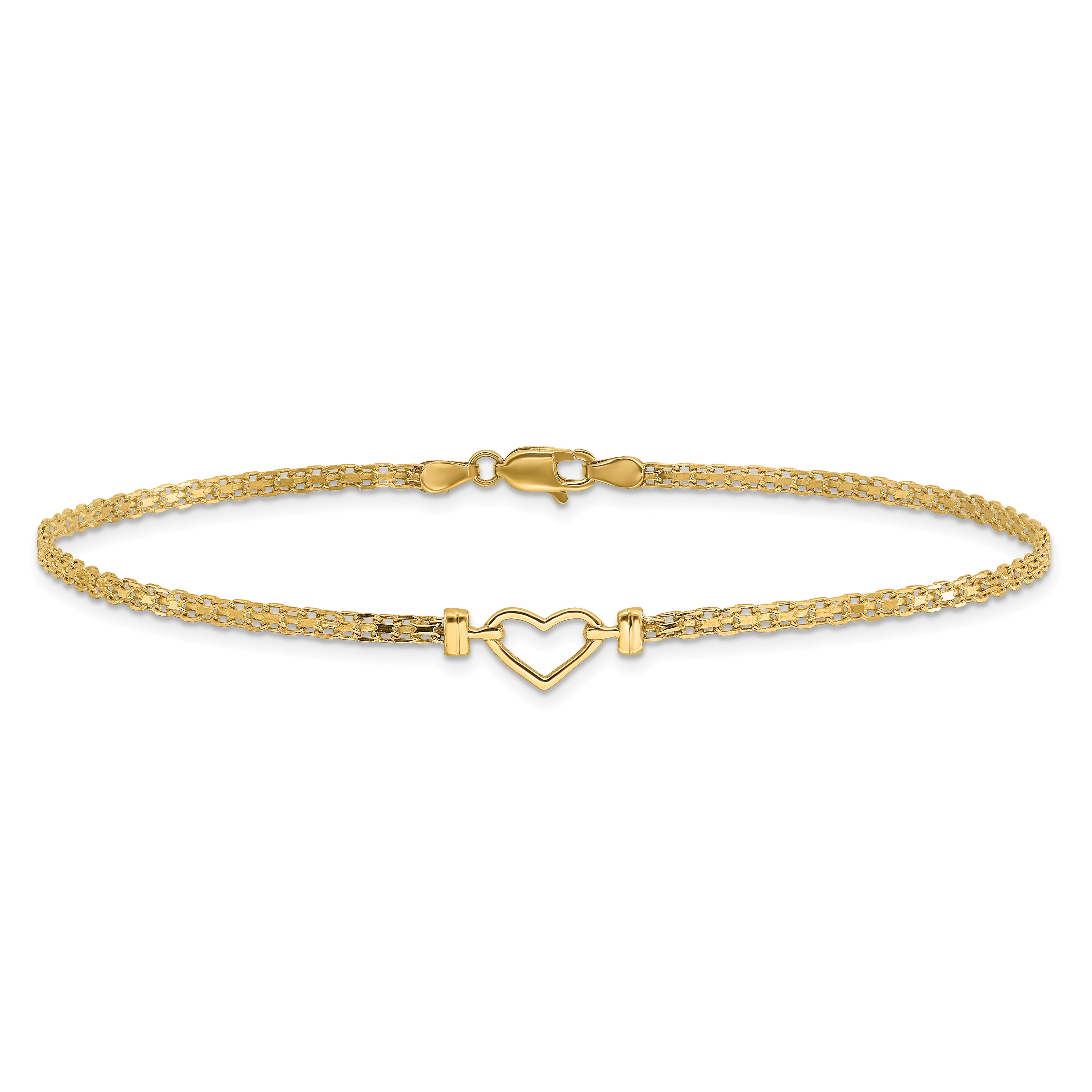 14k Polished Open Heart and Bismark Chain 9 inch Anklet - Sophia Jewelers