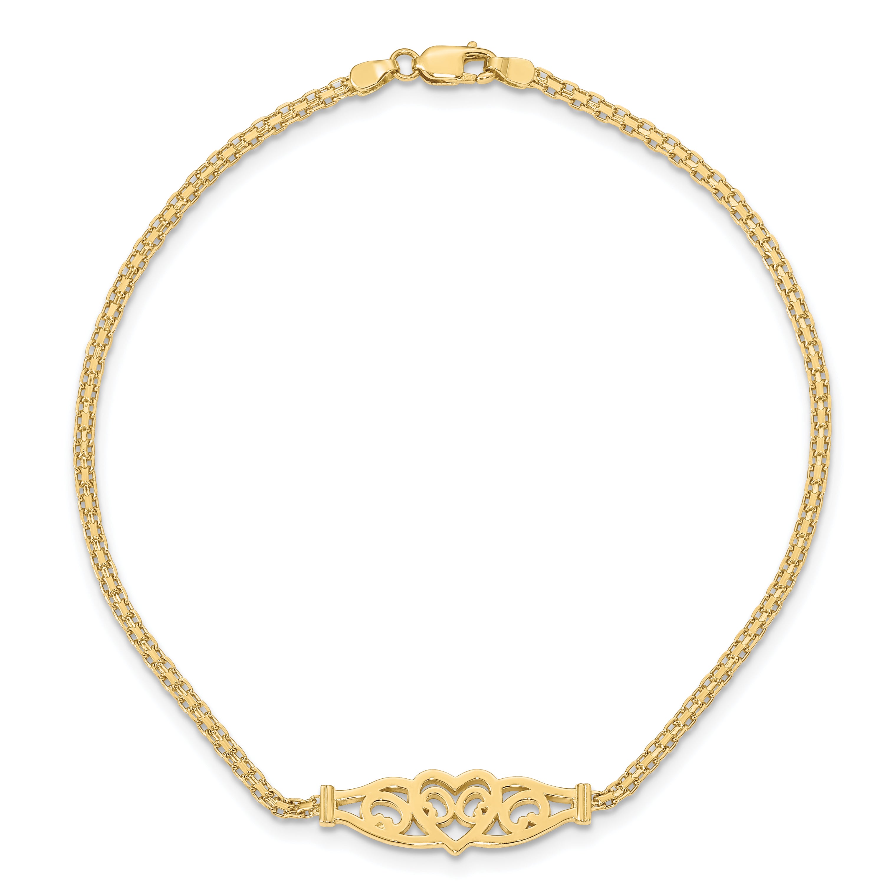 14k Polished Filigree Heart and Bismark Chain 9 inch Anklet - Sophia Jewelers