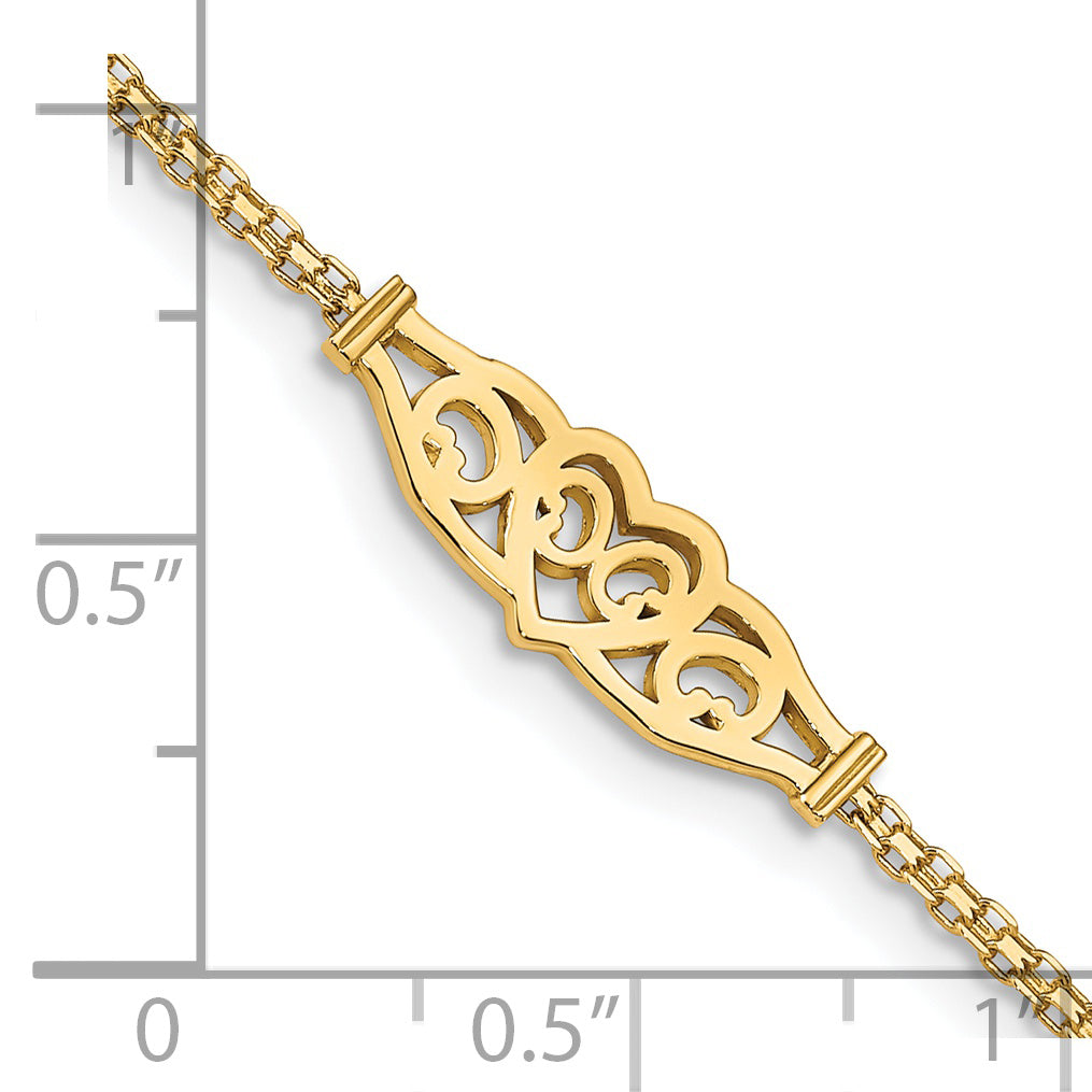 14k Polished Filigree Heart and Bismark Chain 9 inch Anklet - Sophia Jewelers