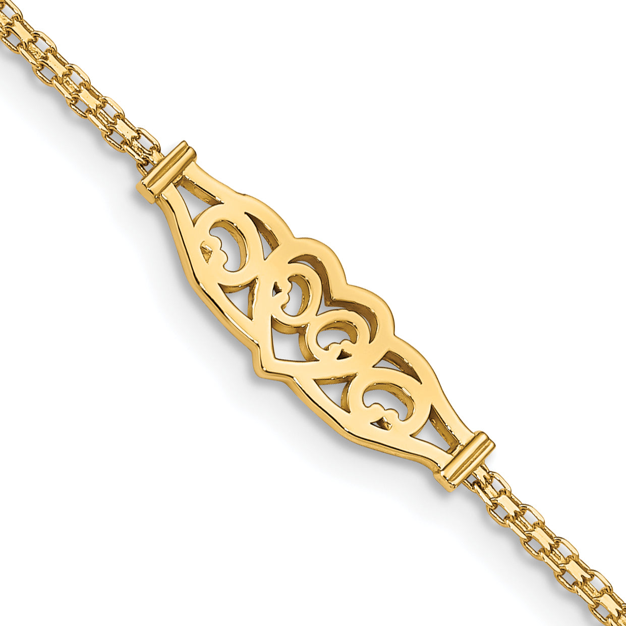 14k Polished Filigree Heart and Bismark Chain 9 inch Anklet - Sophia Jewelers Main image