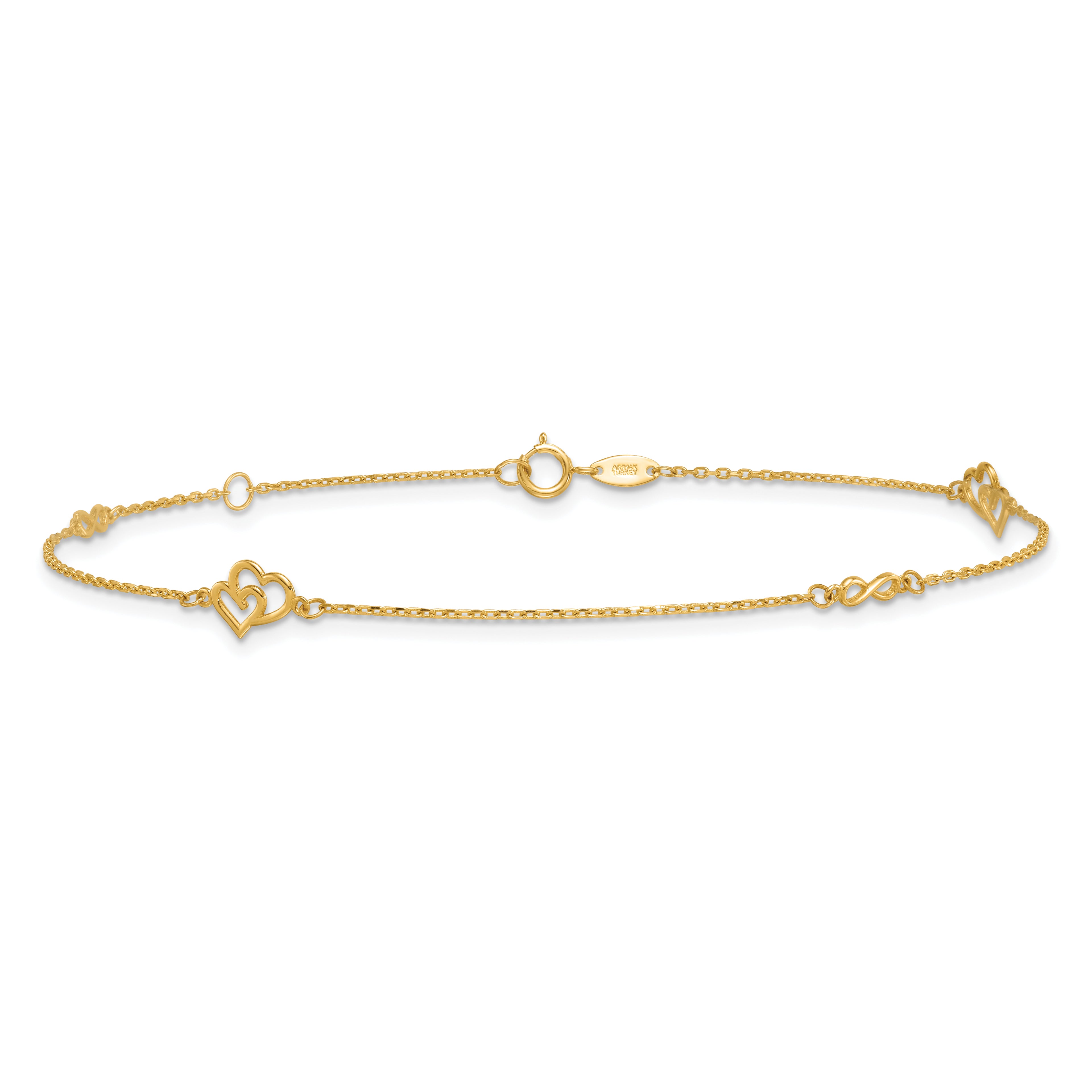 14k Polished Double Hearts and Infinity 9 inch Plus 1 inch Extender - Total 10 inch Anklet - Sophia Jewelers