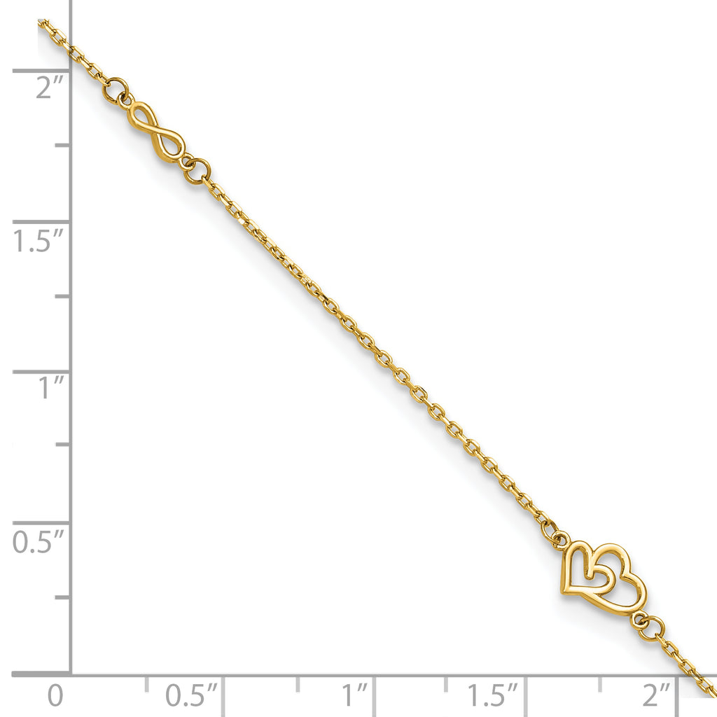 14k Polished Double Hearts and Infinity 9 inch Plus 1 inch Extender - Total 10 inch Anklet - Sophia Jewelers