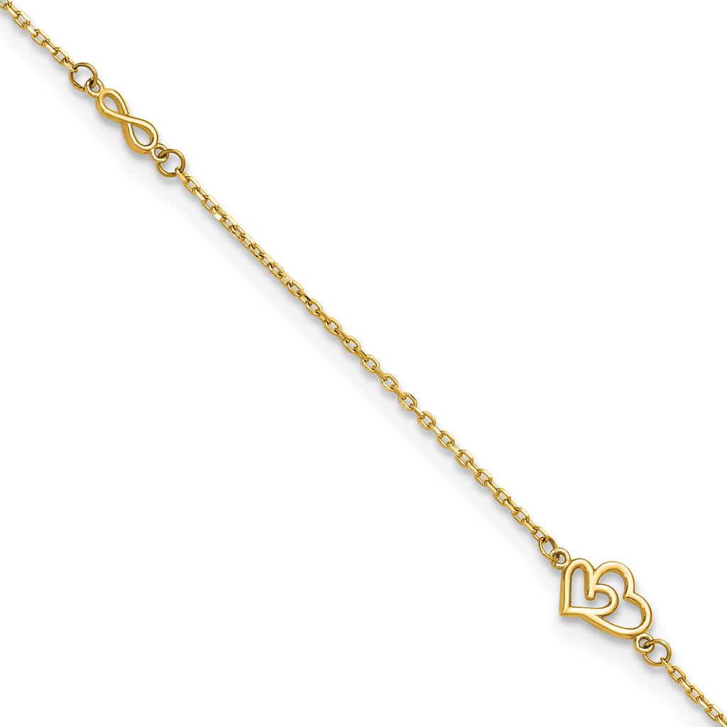 14k Polished Double Hearts and Infinity 9 inch Plus 1 inch Extender - Total 10 inch Anklet - Sophia Jewelers