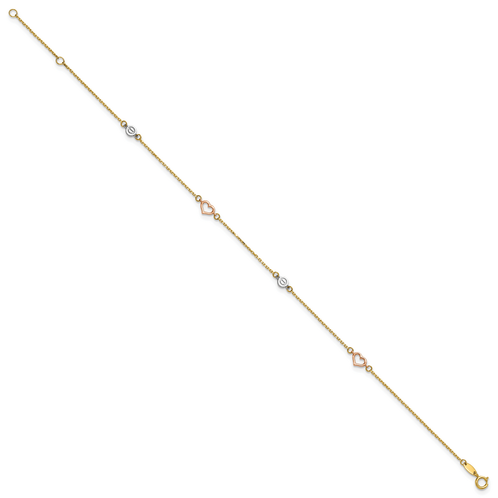 14k Tri-color Polished Hearts and Circles 9 inch Plus 1 inch Extender - Total 10 inch Anklet - Sophia Jewelers
