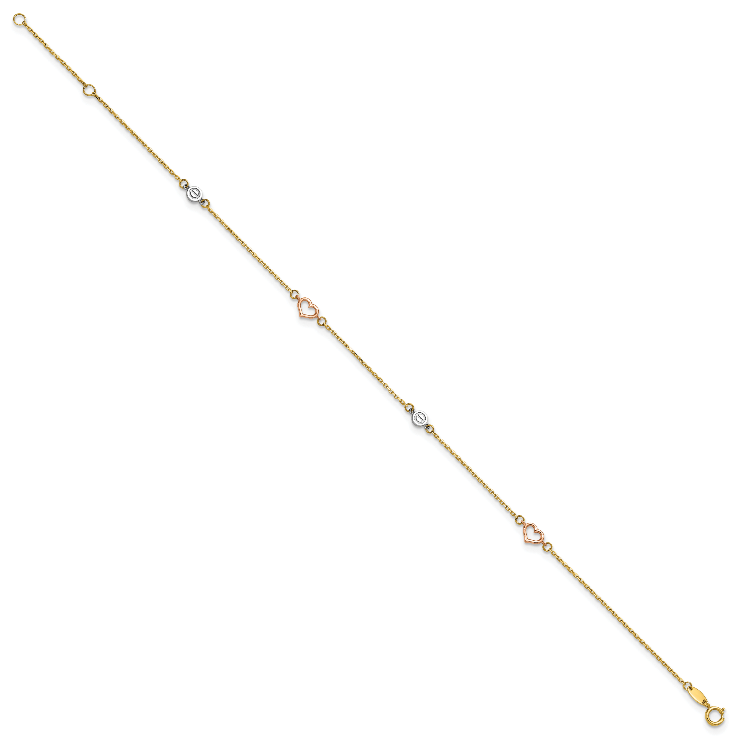 14k Tri-color Polished Hearts and Circles 9 inch Plus 1 inch Extender - Total 10 inch Anklet - Sophia Jewelers