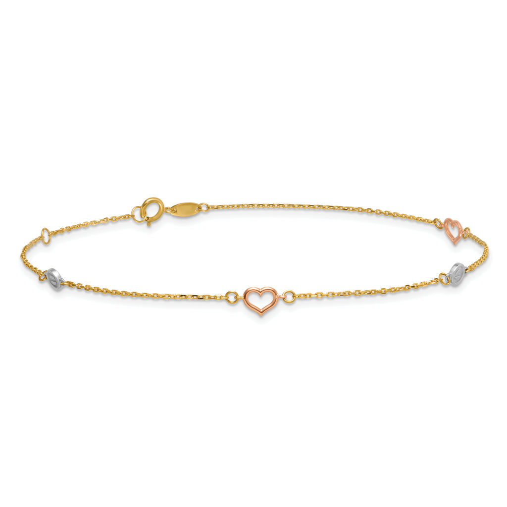 14k Tri-color Polished Hearts and Circles 9 inch Plus 1 inch Extender - Total 10 inch Anklet - Sophia Jewelers