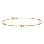 14k Tri-color Polished Hearts and Circles 9 inch Plus 1 inch Extender - Total 10 inch Anklet - Sophia Jewelers