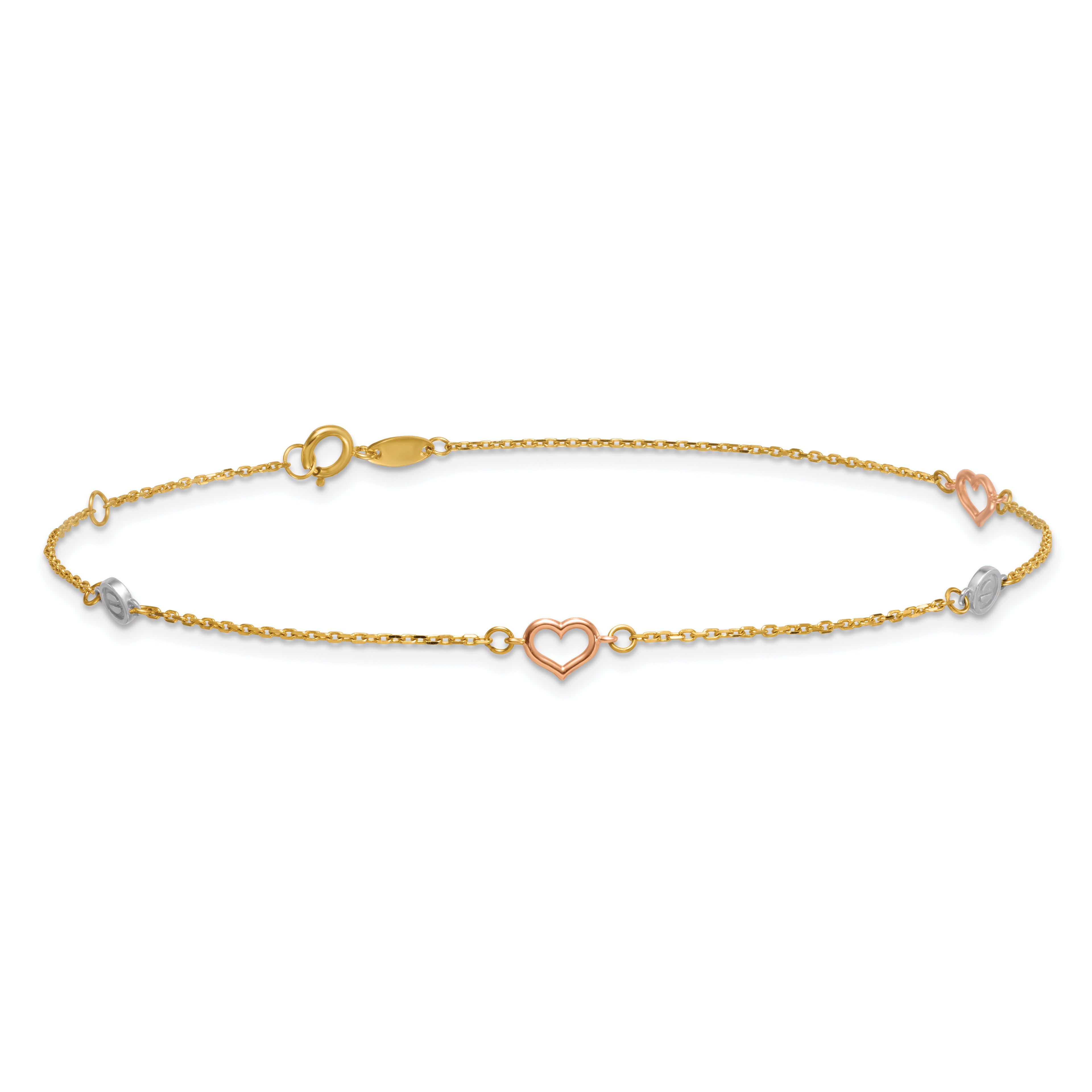 14k Tri-color Polished Hearts and Circles 9 inch Plus 1 inch Extender - Total 10 inch Anklet - Sophia Jewelers