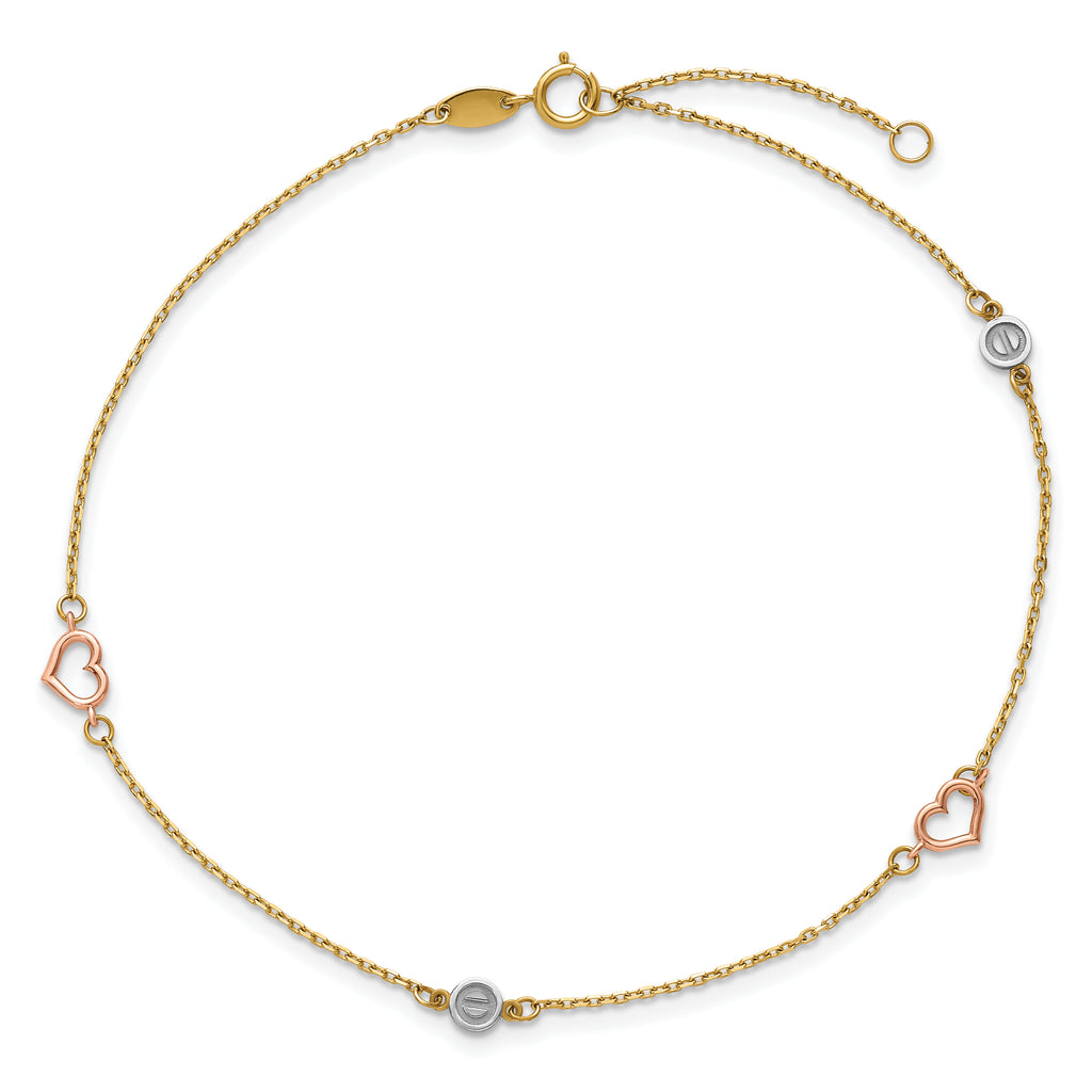 14k Tri-color Polished Hearts and Circles 9 inch Plus 1 inch Extender - Total 10 inch Anklet - Sophia Jewelers