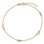14k Tri-color Polished Hearts and Circles 9 inch Plus 1 inch Extender - Total 10 inch Anklet - Sophia Jewelers