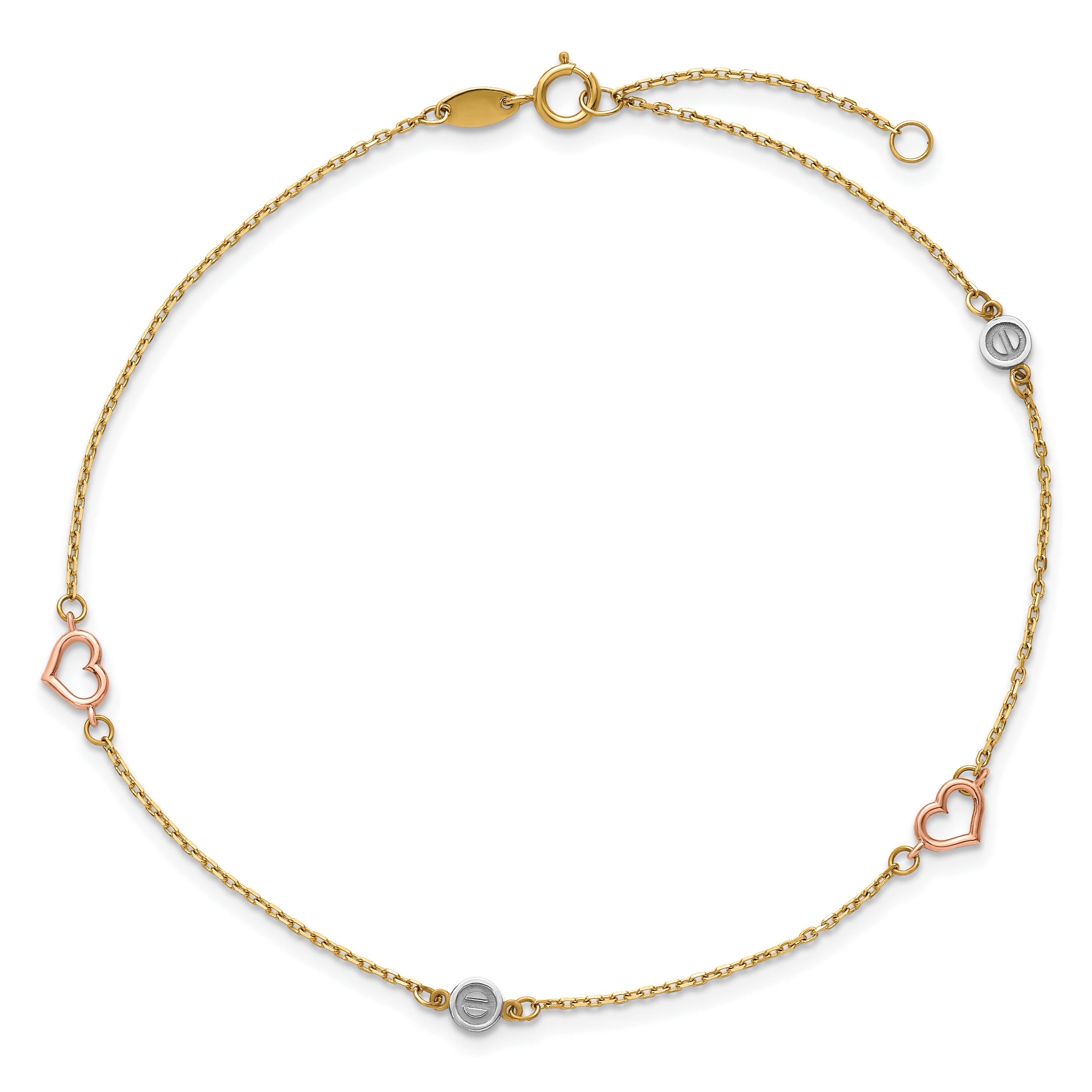 14k Tri-color Polished Hearts and Circles 9 inch Plus 1 inch Extender - Total 10 inch Anklet - Sophia Jewelers