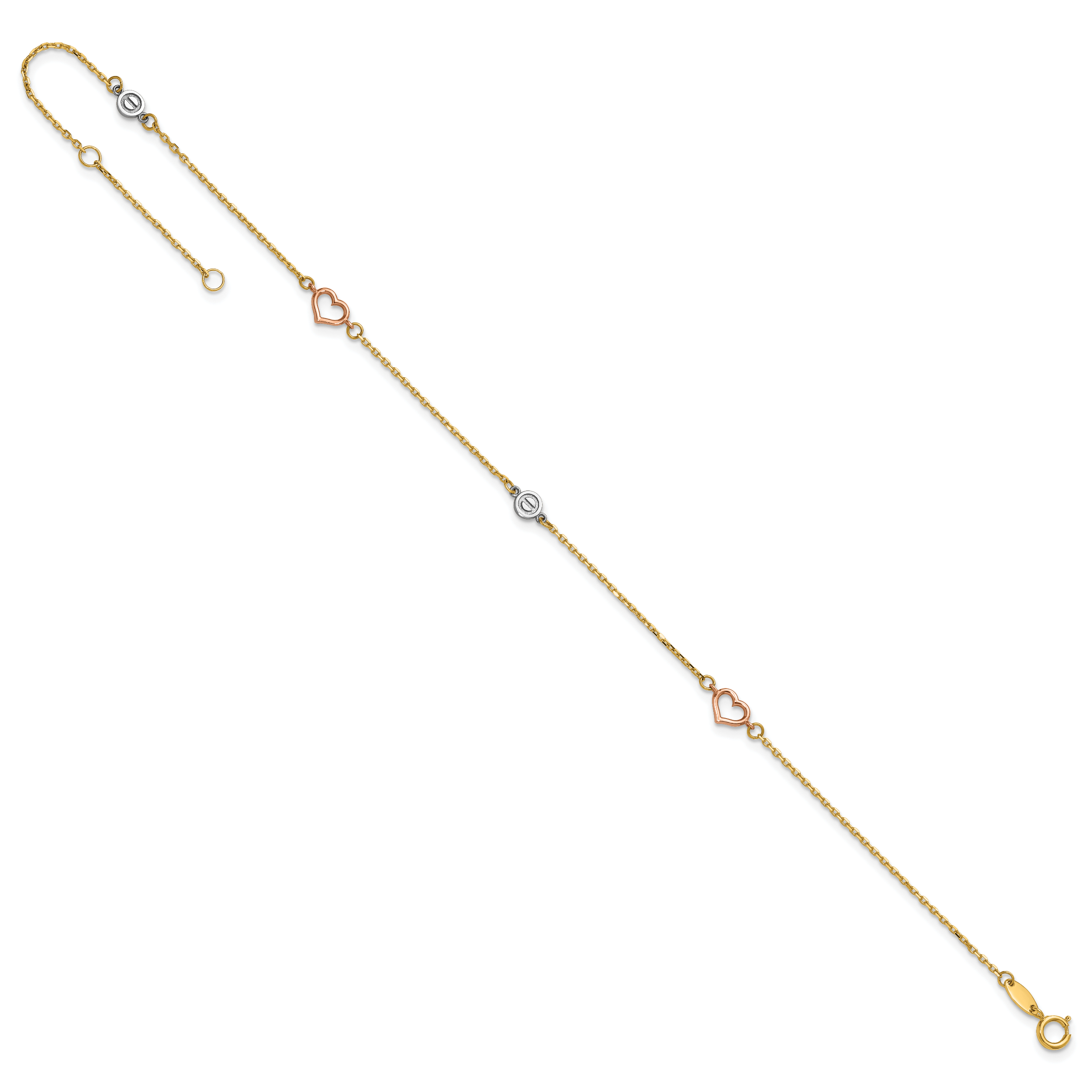 14k Tri-color Polished Hearts and Circles 9 inch Plus 1 inch Extender - Total 10 inch Anklet - Sophia Jewelers