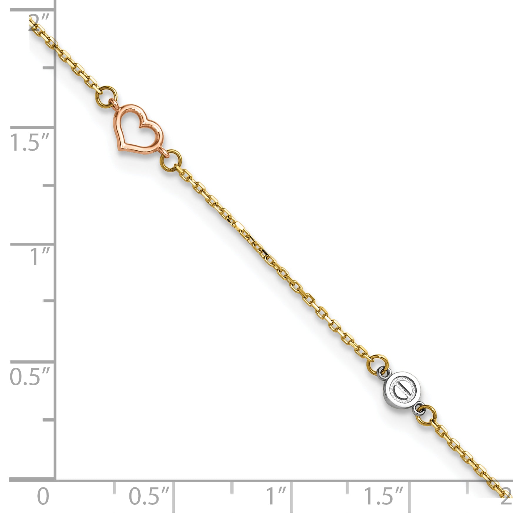 14k Tri-color Polished Hearts and Circles 9 inch Plus 1 inch Extender - Total 10 inch Anklet - Sophia Jewelers