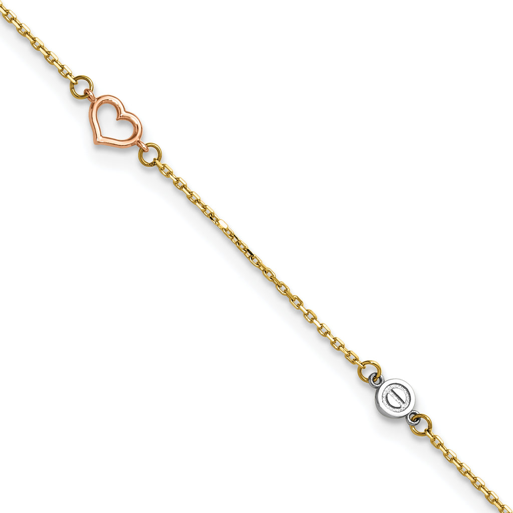 14k Tri-color Polished Hearts and Circles 9 inch Plus 1 inch Extender - Total 10 inch Anklet - Sophia Jewelers