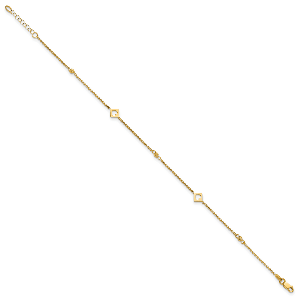 14k Polished Cut-out Hearts and Diamond-cut Beads 9 inch Plus 1 inch Extender - Total 10 inch Anklet - Sophia Jewelers